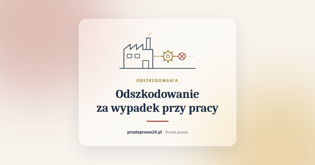 Szkic hali produkcyjnej, koła zębatego i przerwanej linii z tytułem Odszkodowanie za wypadek przy pracy