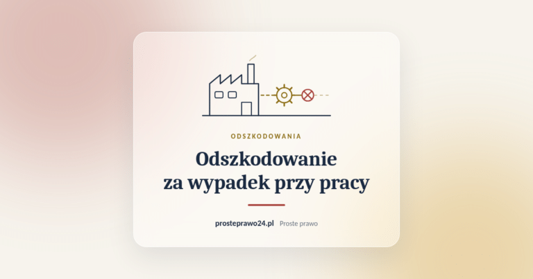 Szkic hali produkcyjnej, koła zębatego i przerwanej linii z tytułem Odszkodowanie za wypadek przy pracy