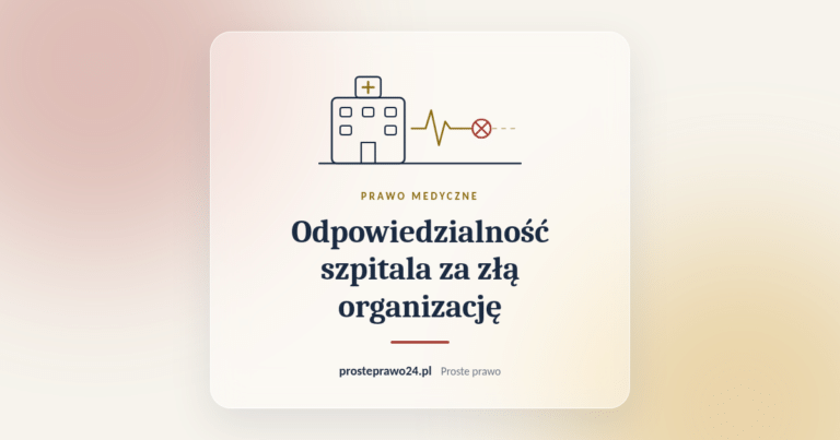 Szkic budynku szpitala i przerwanej linii zapisu EKG z tytułem Odpowiedzialność szpitala za złą organizację